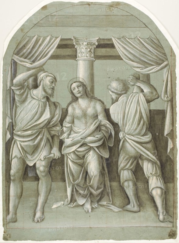 Flagellation of Saint Catherine, 1550/55, Bernardino Lanino, Italian, c. 1509-after 1581, Italy, Brush and brown ink and brown wash, with black ink, heightened with white gouache and white oil paint, with black chalk, on lunette-shaped blue laid paper, squared in red chalk, laid down on cream laid paper, 510 x 373 mm