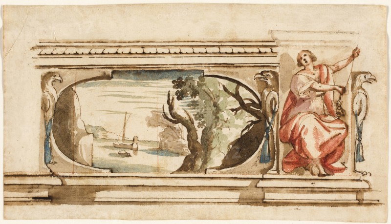 Study for a Painted Frieze, 1625/27, Flaminio Allegrini, Italian, c. 1587-c. 1663, Italy, Pen and brown and gray ink, with brush and brown wash and red chalk wash, with traces of lead white (partially discolored), on tan laid paper, laid down on cream laid card, 145 x 256 mm