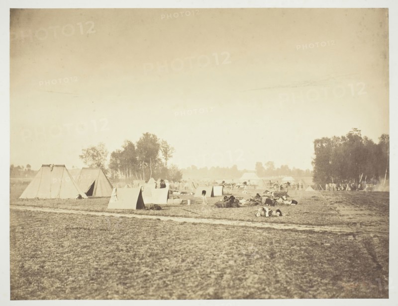 Tents and Military Gear, Camp de Châlons, 1857, Gustave Le Gray, French, 1820–1884, France, Albumen print, from the album "Souvenirs du Camp de Châlons