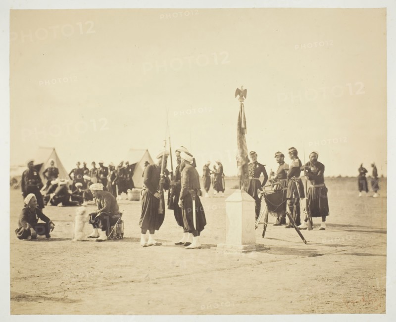 The Raised Flag of the Zouave Regiment, Camp de Châlons, 1857, Gustave Le Gray, French, 1820–1884, France, Albumen print, from the album "Souvenirs du Camp de Châlons