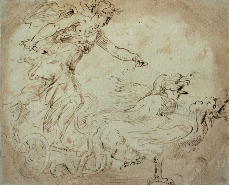 Study for Ceres, c. 1556, after Giorgio Vasari, Italian, 1511-1574, Italy, Pen and brown ink and brush and brown wash, with traces of black chalk and red chalk wash, on ivory laid paper, laid down on ivory laid paper, 154 x 189 mm