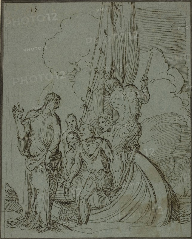 Christ Walking on the Water, Peter Following, c. 1550, Domenico Campagnola, Italian, c. 1500-1564, Italy, Pen and black ink on blue laid paper, laid down on cream laid card, laid down in album, 218 x 176 mm