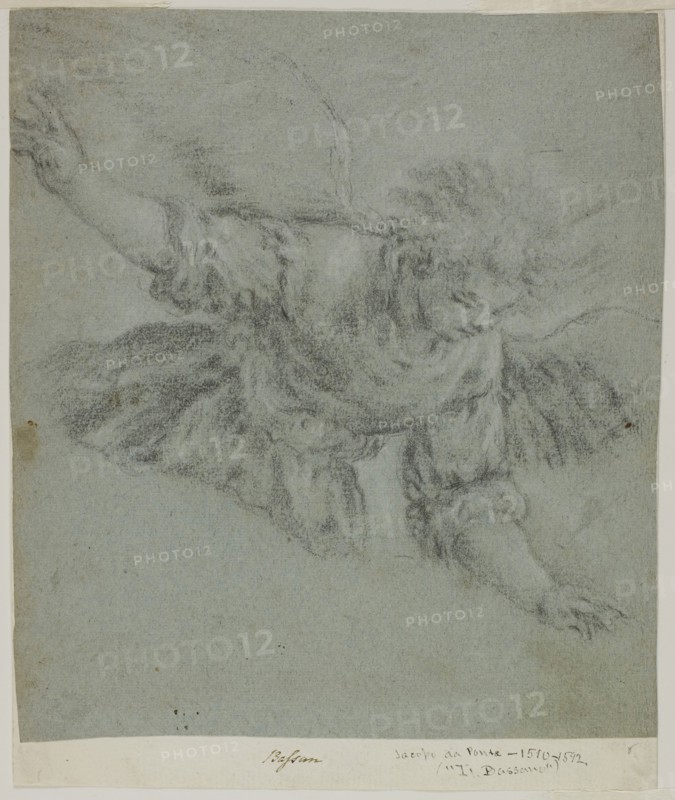 Angel, c. 1575, Jacapo Bassano, Italian, c. 1510-1592, Italy, Black chalk heightened with touches of white chalk, on blue laid paper, laid down on ivory laid paper, 222 x 200 mm (max.)