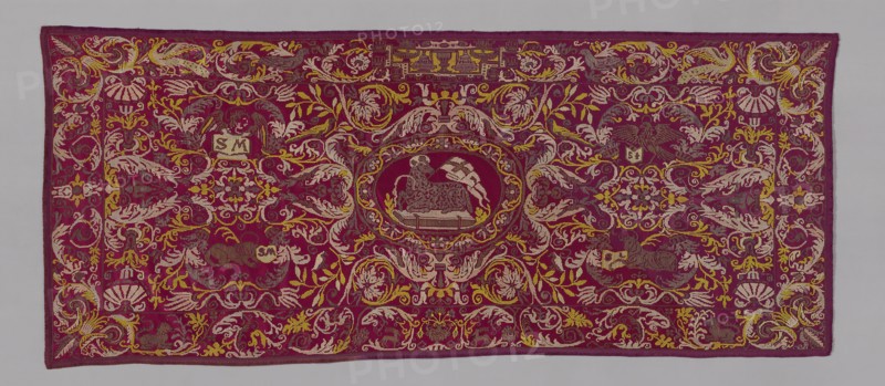 Antependium, 19th century, Italy or Poland, Italy, Silk, knotted square netting, embroidered with silk and gilt-metal-strip-wrapped silk in cloth and darning stitches, edged with silk, warp-faced plain weave extended ground weft uncut fringe, 109.8 x 256.3 cm (43 1/4 x 100 7/8 in.)