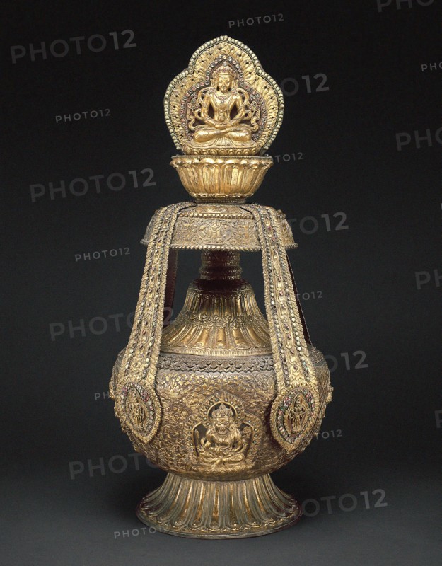 Vase of Longevity (kalasha) with Buddha Amitabha, 17th century, Nepal, Nepal, Gilded copper inlaid with semiprecious stones, with brass elements, H. 76 cm (29 7/8 in.), Diam. 34 cm (13 3/8 in.)