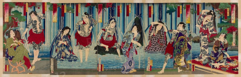 Kabuki Stars Before a Gracious Waterfall (Arigataki megumi no hanagata), 1883, Toyohara Kunichika, Japanese, 1835-1900, Japan, Color woodblock print, oban pentaptych, 35.6 x 116.5 cm (14 x 45 7/8 in.)