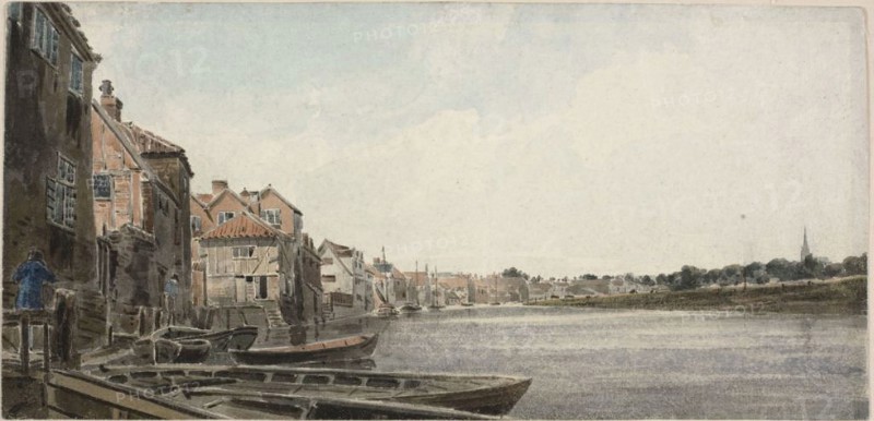 View on the Wensum at King Street, Taken from Foundary Bridge, 1810/18, John Thirtle, English, 1777-1839, England, Watercolor on off-white wove paper, 153 × 316 mm