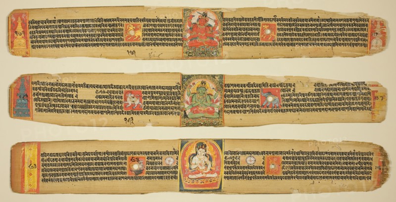 Three Leaves from a Copy of the  Perfection of Wisdom Sutra (Ashtasahasrika Prajnaparamitasutra), Pala period, late 12th century, Eastern India, Bangladesh, Opaque watercolor and ink on palm leaf, 6.4 × 43.8 cm (2 1/2 × 17 1/4 in.)