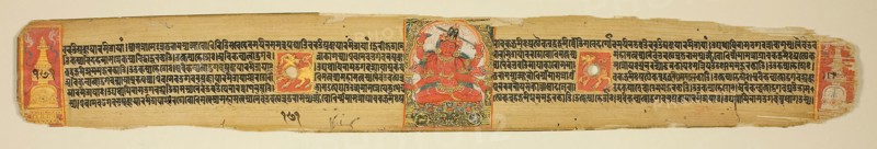 Leaf from a Copy of the Ashtasahasrika Prajnaparamitasutra (Perfection of Wisdom in Eight Thousand Verses), Pala period, 1160/1180, India/Bangladesh, India, Opaque watercolor on palm leaf, 6.4 x 43.8 cm (2 1/2 x 17 1/4 in.)