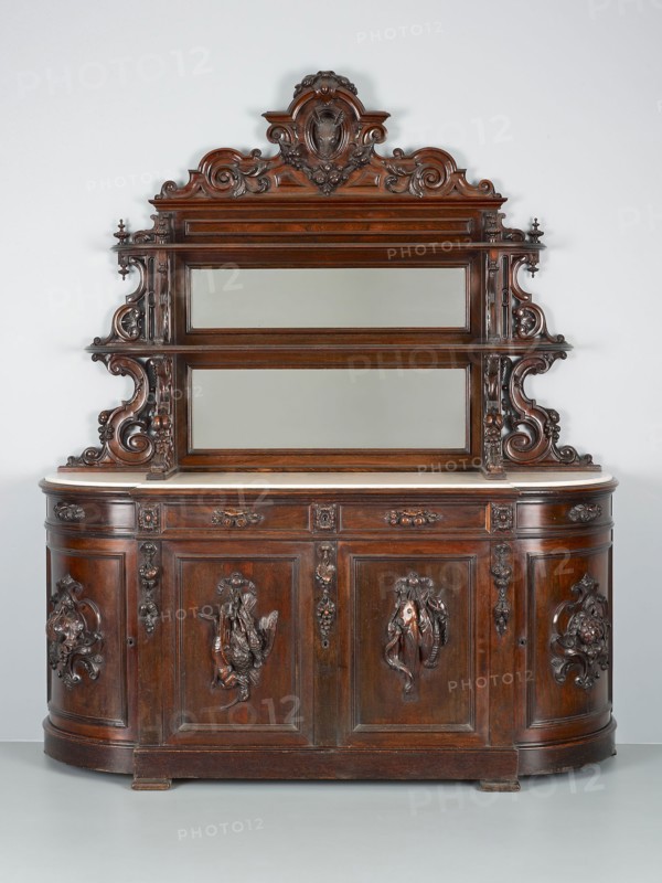 Sideboard, 1850/57, Alexander Roux, American, born France, c. 1813–1886, New York, Rosewood, walnut, tulip poplar, glass, and marble, 238 × 204.5 × 58.4 cm (93 3/4 × 80 1/2 × 23 in.)