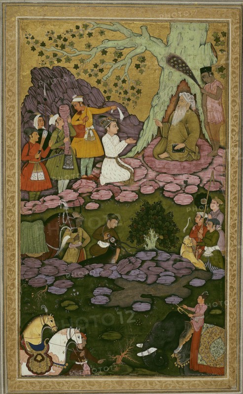 Prince Visiting an Ascetic during a Hunt, 1625/50, India, Kashmir, India, Opaque watercolor, gold, and ink on paper, Image: 26.5 x 15.2 cm (10 3/8 x 6 in.), Border: 29.3 x 18 cm (11 1/2 x 7 1/8 in.), Paper: 40.8 x 26.5 cm (16 1/16 x 10 3/8 in.)