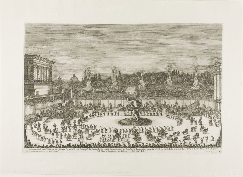 Equestrian Ballet in the Amphitheater of the Boboli Gardens, 1661, Stefano della Bella, Italian, 1610-1664, Italy, Etching on ivory laid paper, 292 x 445 mm (image/plate), 392 x 548 mm (sheet)