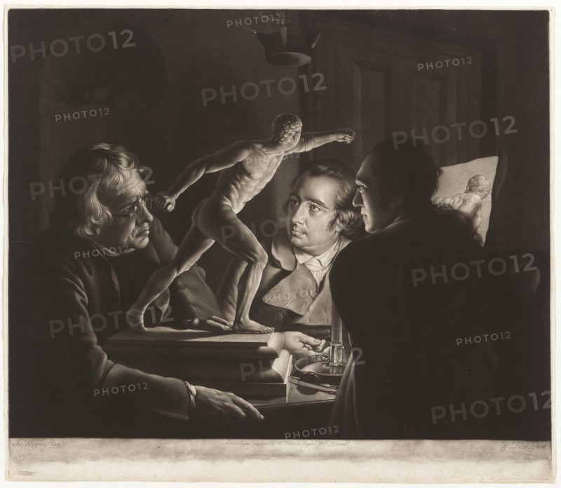 Three Persons Viewing the Gladiator by Candlelight, 1769, William Pether (English, 1731/38-1821), after Joseph Wright of Derby (English, 1734-1797), England, Mezzotint in black on off-white laid paper, 482 × 555 mm (image/plate), 489 × 565 mm (sheet)