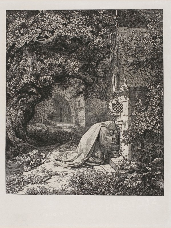 The Praying Nun, 1829, Johann Wilhelm Schirmer, German, 1807-1863, Germany, Etching on off-white chine and buff wove paper, 223 x 190 mm (image), 280 x 217 mm (plate), 667 x 546 mm (sheet)