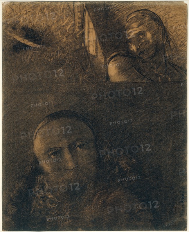 Faust and Mephistopheles, 1880, Odilon Redon, French, 1840-1916, France, Various charcoals, with wiping, stumping, erasing, and incising, on cream wove paper altered to a golden tone, 400 × 320 mm