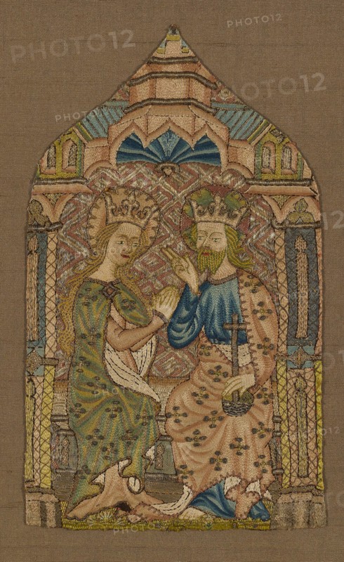 Fragment (From an Orphrey Band), 1400/50, England, Opus Anglicanum, England, Linen, plain weave, embroidered with silk and gilt-metal-silk-wrapped silk in split and stem stitches, laid work and couching., 31.2 × 18.6 cm (12 1/4 × 7 1/4 in.)