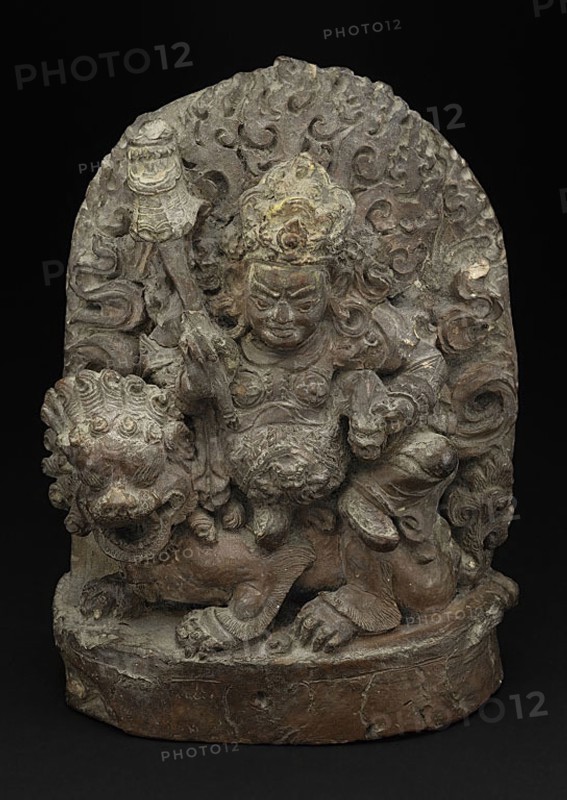 Guardian King Vaishravana on His Lion Mount, 17th century, Nepal, Nepal, Terracotta, 17.5 x 12.8 x 7.6 cm (6 7/8 x 5 x 3 in.)