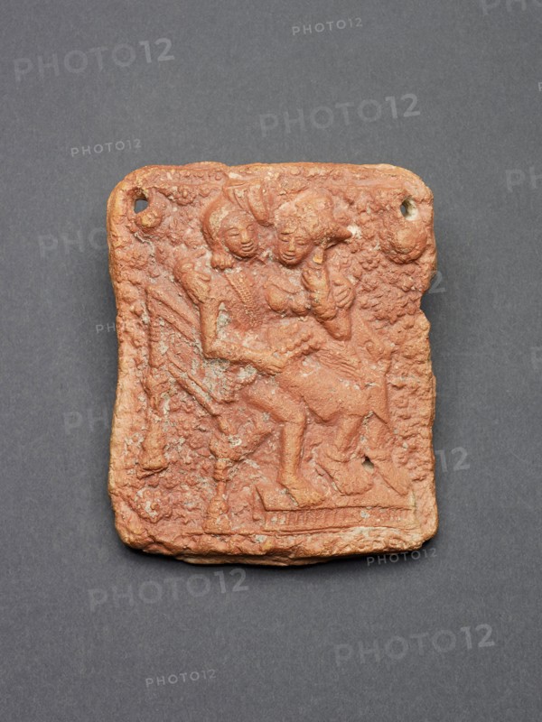 Amorous Couple (Mithuna) Seated in a Chair, 1st century B.C., India, Uttar Pradesh, Kaushambi, Uttar Pradesh, Molded terracotta with red slip, 10.1 x 8.2 x 2 cm (3 15/16 x 3 3/16 x 13/16 in.)