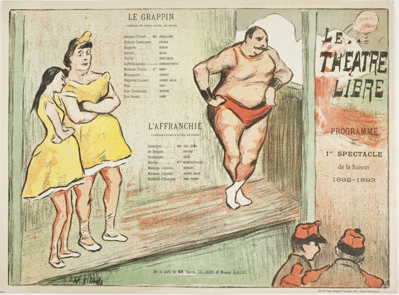 First Performance: Le Grappin, l’Affranchie, for Le Théatre Libre, 1892–93, Henri-Gabriel Ibels (French, 1867-1936), printed by Imprimerie Eugène Verneau (French, 19th century-1906), France, Color lithograph on cream wove paper, 228 × 311 mm (image), 240 × 325 mm (sheet)