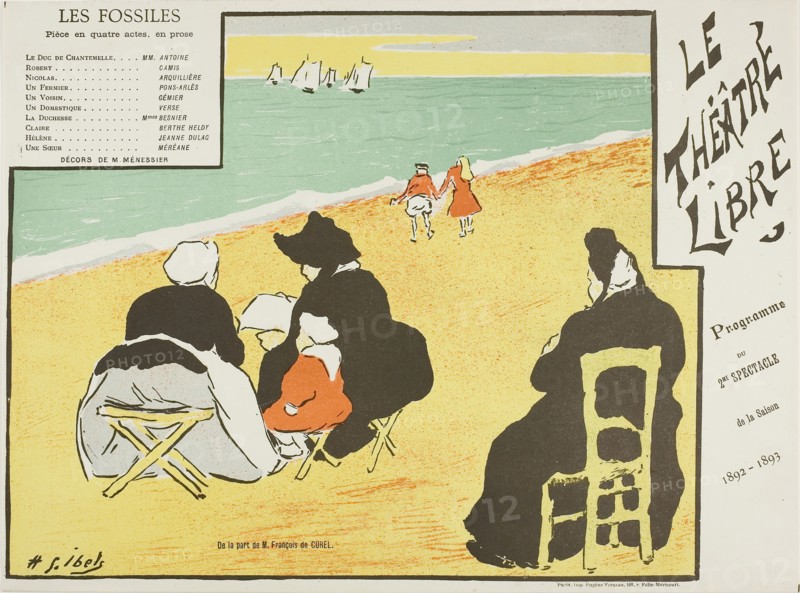Second Performance: Les Fossiles, for Le Théatre Libre, 1892–93, Henri-Gabriel Ibels (French, 1867-1936), printed by Imprimerie Eugène Verneau (French, 19th century-1906), France, Color lithograph on ivory wove paper, 230 × 280 mm (image), 238 × 320 mm (sheet)