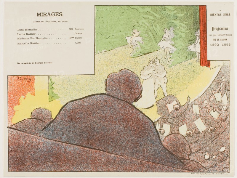 Fifth Performance: Mirages, for Le Théatre Libre, 1892–93, Henri-Gabriel Ibels (French, 1867-1936), printed by Imprimerie Eugène Verneau (French, 19th century-1906), France, Color lithograph on ivory wove paper, 227 × 301 mm (image), 237 × 313 mm (sheet)