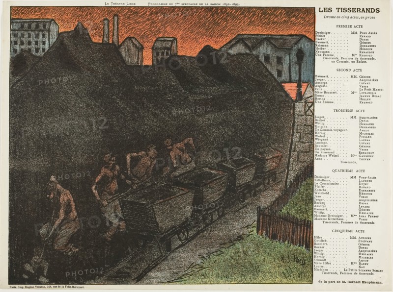 Seventh Performance: Les Tisserands, for Le Théatre Libre, 1892–93, Henri-Gabriel Ibels (French, 1867-1936), printed by Imprimerie Eugène Verneau (French, 19th century-1906), France, Color lithograph on ivory wove paper, 227 × 248 mm (image), 238 × 319 mm (sheet)