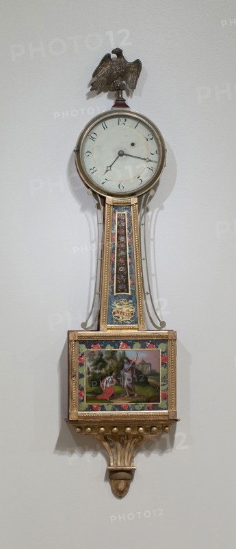 Timepiece, 1802/5, Works by Elnathan Taber, American, 1768–1854, Roxbury, Massachusetts, Roxbury, Gilt mahogany and white pine, painted glass, gesso, iron, steel, and brass, 109.2 cm (43 in.)