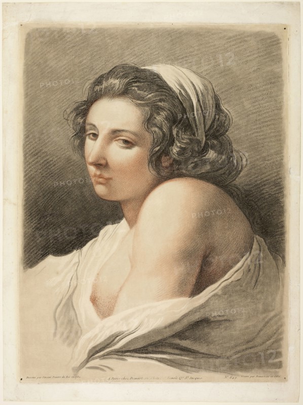 Large Female Head, c. 1786, Gilles Antoine Demarteau, the Younger (Flemish, c. 1750-1806), after Francois-Andre Vincent (French, 1746-1816), Flanders, Color crayon-manner etching and engraving on ivory laid paper, 533 × 411 mm (plate), 593 × 440 mm (sheet)