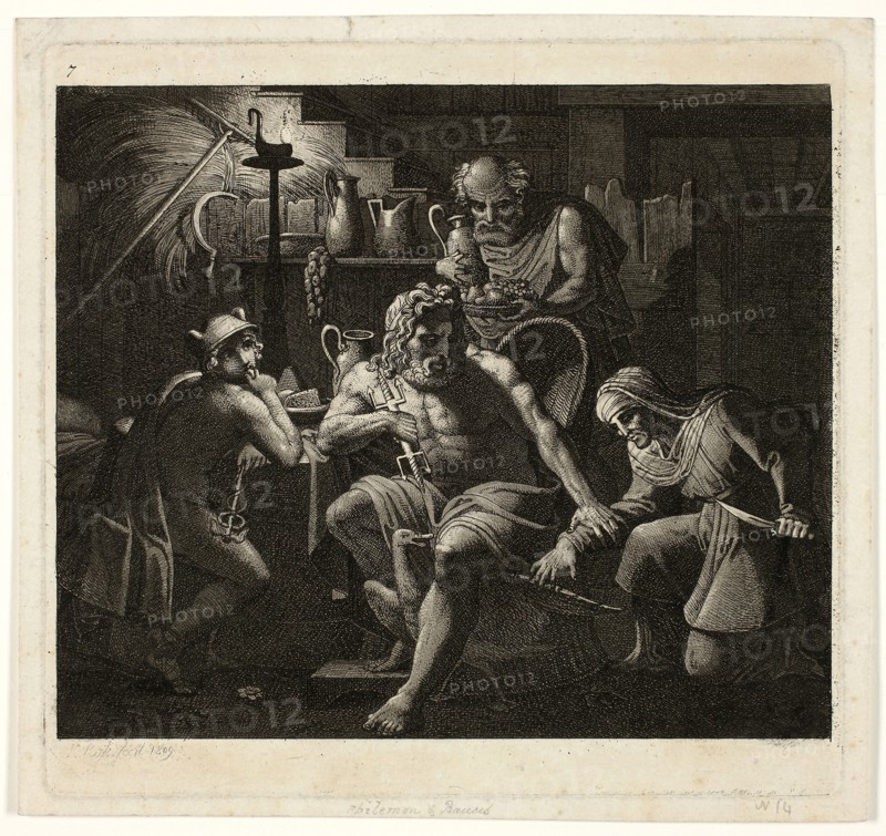 Jupiter Visits with Philemon and Bacchus, 1809, Carl Russ, Austrian, 1779-1843, Austria, Etching and aquatint on tan wove paper, 174 × 185 mm (plate), 186 × 198 mm (sheet)