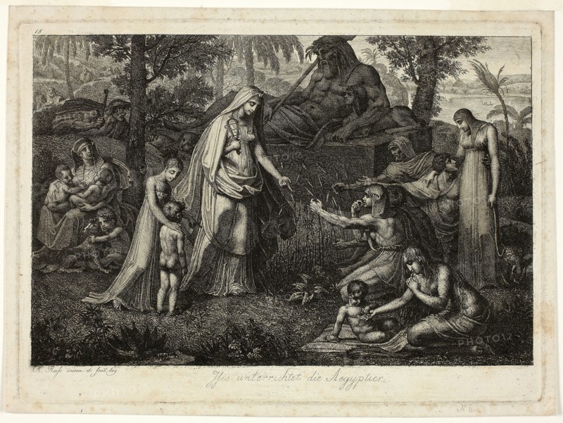 Isis Instructing the Egyptians, 1809, Carl Russ, Austrian, 1779-1843, Austria, Etching, with plate tone, in black on tan wove paper, 189 × 261 mm (plate), 203 × 274 mm (sheet)
