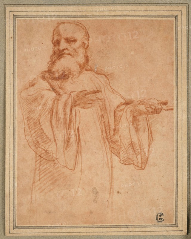 St. Benedict Gesturing to the Left: Study for the Coronation of the Virgin, 1520/23, Antonio Allegri, called Correggio, Italian, 1489?-1534, Italy, Red chalk on cream laid paper prepared with pink wash (diluted red chalk wash), laid down on cream laid card, 155 x 119 mm