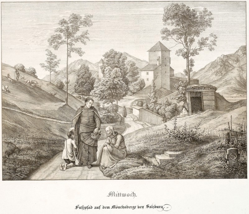 Wednesday: Footpath on the Mönchsberg Near Salzburg, 1823, Ferdinand Olivier, German, 1785-1841, Germany, Lithograph with tint-stone on white wove paper, 200 x 275 mm (image), 370 x 529 mm (sheet)