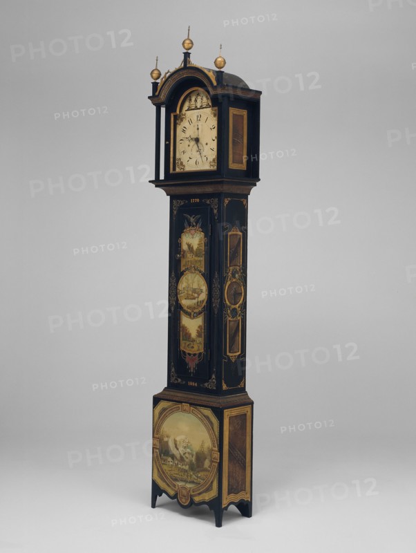Tall Case Clock, 1820/84, Painted by Uriah Dyer, American, 1849–1927, Works by Silas Hoadley (clockmaker), American, 1786–1870, Maine, Painted pine, gilded copper alloy, iron, H.: 195.6 cm (77 in.)