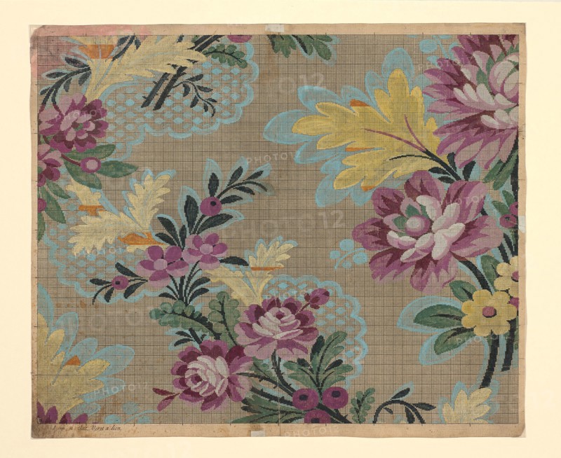 Mise-en-carte (Point-paper), 1760/90, Designed by J Bt Clere and Germain Frères, France, Lyon, France, Ink and gouache on hand drawn graph paper, 45.45 × 54.3 cm (17 7/8 × 21 3/8 in.)