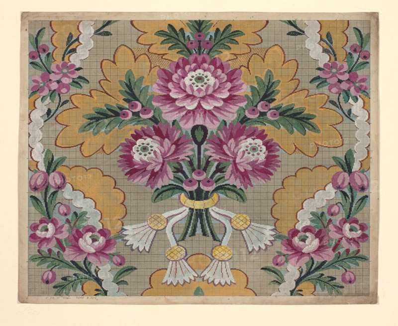 Mise-en-carte (Point-paper), 1760/90, France, Lyon, France, Ink and gouache on hand drawn graph paper, 45.45 × 55.9 cm (17 7/8 × 22 in.)