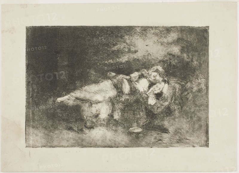 Reclining Woman with a Child, 1890/99, Domenico Morelli, Italian, 1826-1901, Italy, Etching in gray-black, with additions in ink, on heavy cream wove paper, 153 x 237 mm (plate), 220 x 306 mm (sheet)