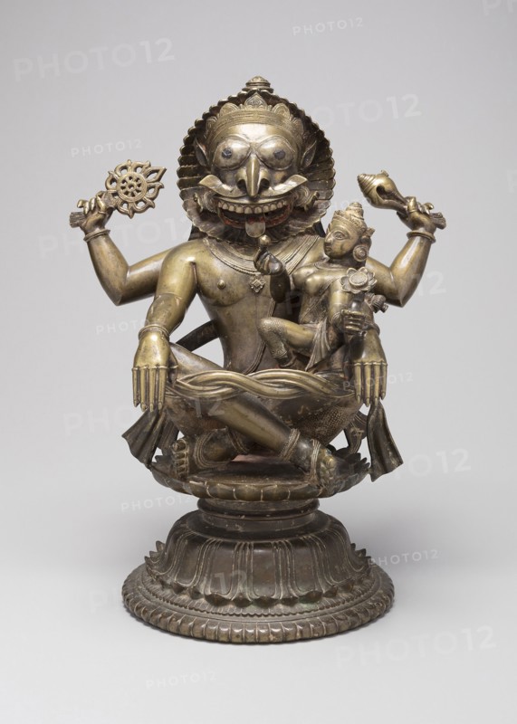 Lion-Headed Incarnation of God Vishnu (Narasimha), c. 15th century, India, Orissa, Orissa, Bronze with silver inlay and traces of pigment, 38.5 x 29.1 x 21.0 cm (15 3/16 x 11 7/16 x 8 1/4 in.)