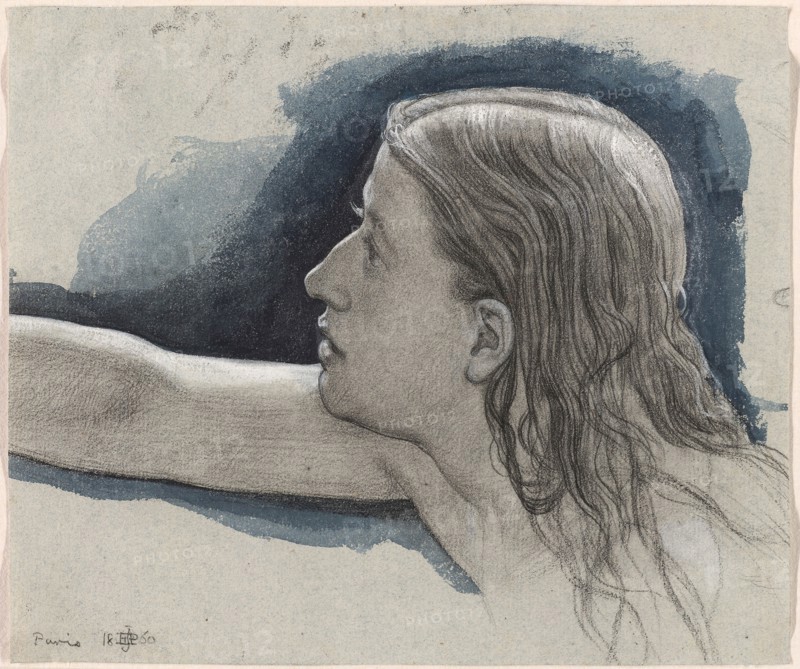 Study of a Young Man’s Head with Right Arm Outstretched, 1860, Sir Edward John Poynter, English, 1836-1919, United Kingdom, Black chalk and watercolor, heightened with white gouache on light blue paper, 196 x 231 mm