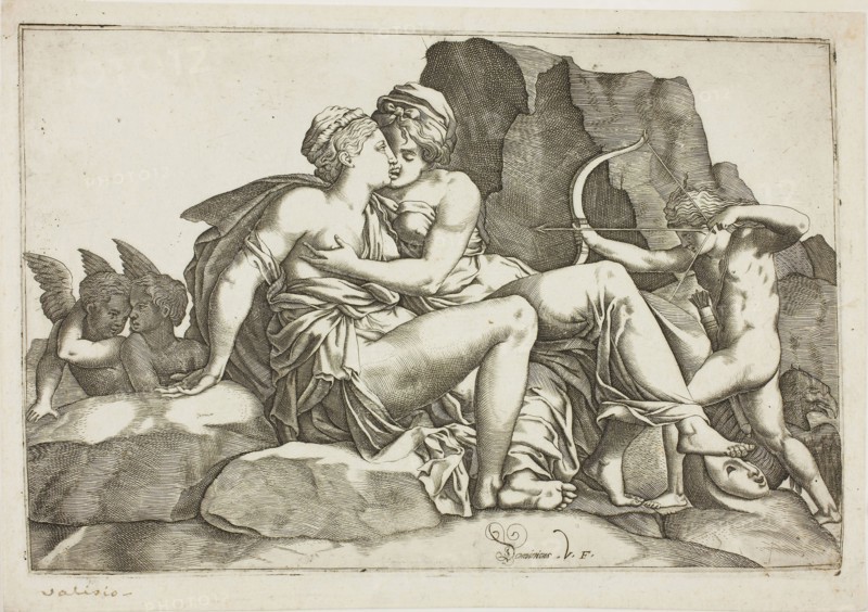 Jupiter and Callisto, 1560/70, Domenico Vito (Italian, active 1576-1586), after Pierre Milan (French, died 1557), after Francesco Primaticcio (Italian, 1504-1570), Italy, Engraving in black on ivory laid paper, 189 x 282 mm (plate), 210 x 297 mm (sheet)