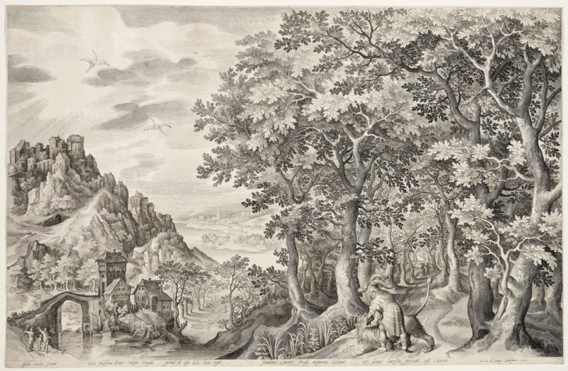 Samson Killing the Lion, 1603, Nicolaes de Bruyn (Flemish, 1571-1656), after Gillis van Coninxloo (Netherlandish, c. 1544-1607), Flanders, Engraving in black on ivory laid paper, 442 × 688 mm