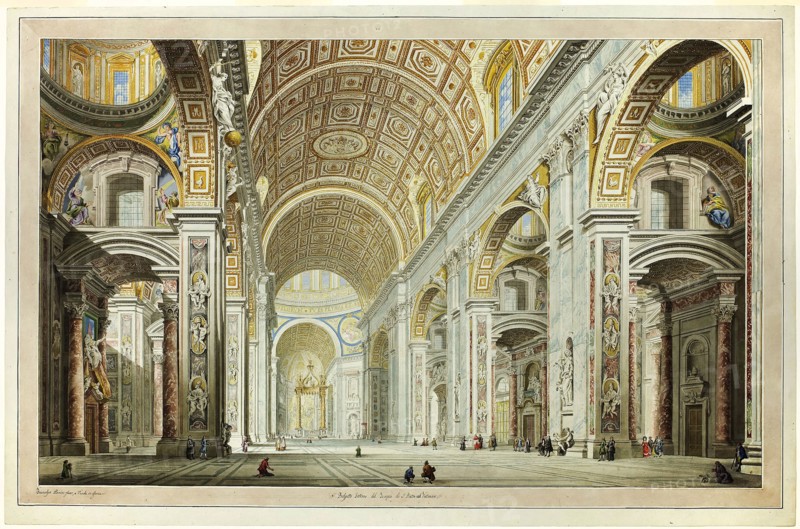 Interior View of the Church of St. Peter’s in the Vatican, c. 1770, Francesco Panini, Italian, 1745-1812, Italy, Transparent and opaque watercolors with shell gold and pen and black ink, over etching, on ivory laid paper, 580 x 885 mm
