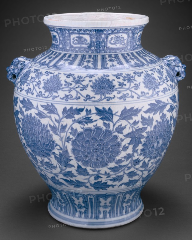 Jar with Lotus and Peony Scrolls and Lion-Mask Handles, Ming dynasty (1368–1644), inscription dated 1437, China, Porcelain painted in underglaze blue, H. 43.0 x diam: 41.6 cm (16 15/16 x 16 3/8 in.)
