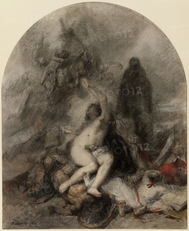 Allegory of War, 1860, Clement-Auguste Andrieux, French, 1829-1880, France, Pen and brown ink, with red and black fabricated chalks and opaque and transparent watercolors, with touches of lead white and white chalks, on cream wove paper, 456 × 373 mm