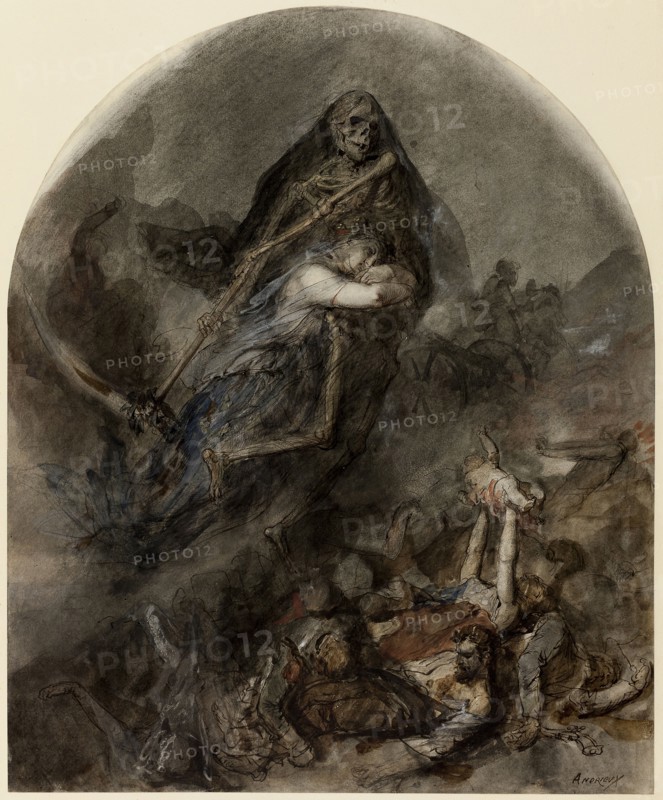 Allegory of Death, c. 1860, Clement-Auguste Andrieux, French, 1829-1880, France, Pen and brown ink with black fabricated chalk, opaque and transparent watercolors, touches of lead white and white chalk, and traces of red fabricated chalk on cream wove paper, 456 × 375 mm