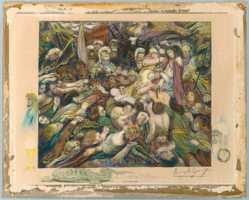 Christ Among His Tormentors, 1894–98, Henri de Groux, Belgian, 1867-1930, Belgium, Pastel over lithograph in black ink with additions in crayon and graphite on cream wove Canson & Montgolfier paper, 581 × 747 mm