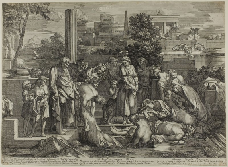 To Bury the Dead, from The Works of Mercy, 1656–57, Sébastien Bourdon, French, 1616-1671, France, Engraving in black on cream laid paper, 422 × 575 mm (image/sheet, trimmed within platemark)