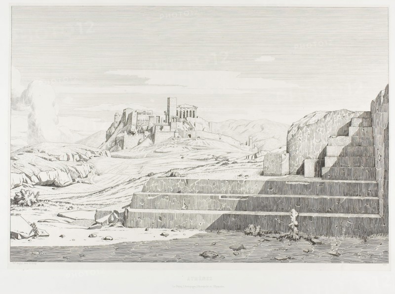 The Acropolis, Athens: The Pnyx, Areopagus, Acropolis and Mount Hymmettos, 1845, Théodore Caruelle d’Aligny, French, 1798-1871, France, Etching on ivory China paper, laid down on white wove paper, 329 × 483 mm (image), 439 × 594 mm (plate), 342 × 490 mm (primary support), 496 × 641 mm (secondary support)