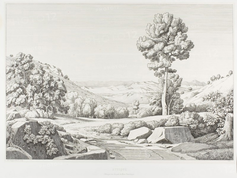 Attica Viewed from Mount Pentéli, 1845, Théodore Caruelle d’Aligny, French, 1798-1871, France, Etching on ivory China paper, laid down on white wove paper, 330 × 481 mm (image), 438 × 595 mm (plate), 342 × 488 mm (primary support), 496 × 640 mm (secondary support)
