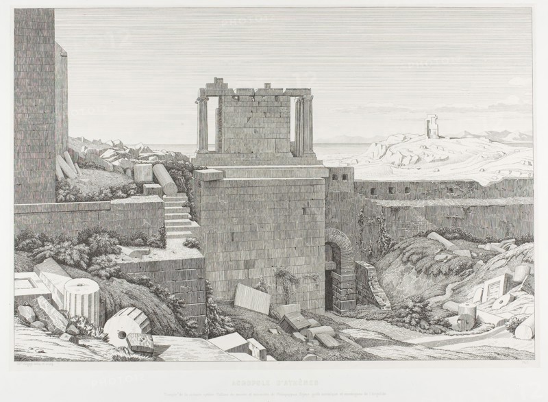 The Acropolis of Athens, 1845, Théodore Caruelle d’Aligny, French, 1798-1871, France, Etching on ivory China paper, laid down on white wove paper, 325 × 479 mm (image), 435 × 595 mm (plate), 336 × 488 mm (primary support), 496 × 643 mm (secondary support)