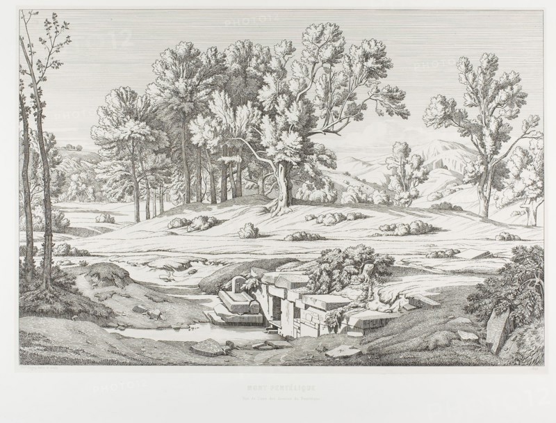 View of One of the Springs of Mount Pentéli, 1845, Théodore Caruelle d’Aligny, French, 1798-1871, France, Etching on ivory China paper, laid down on white wove paper, 325 × 478 mm (image), 435 × 590 mm (plate), 334 × 485 mm (primary support), 499 × 642 mm (secondary support)